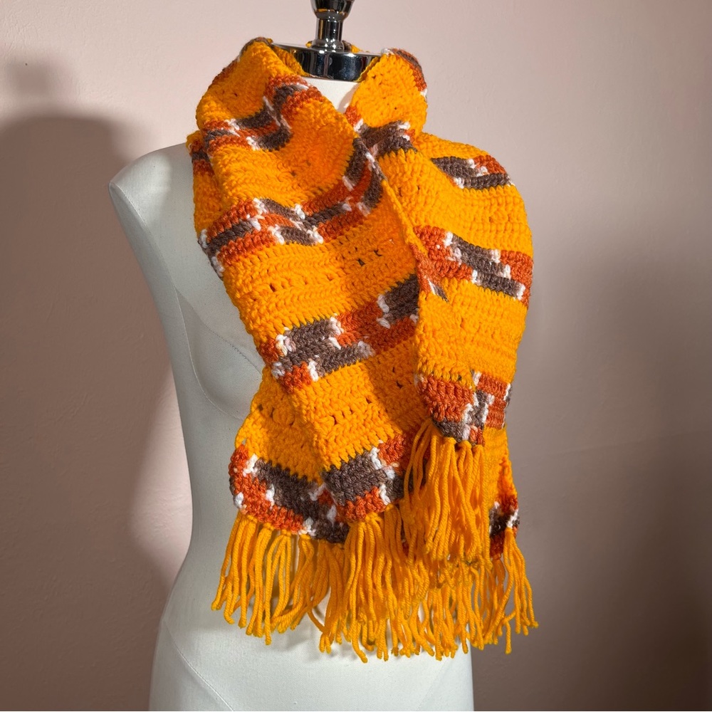 vintage 60 70 MCM Handcrafted Marigold Yellow Academic Chunky Knit Winter Scarf